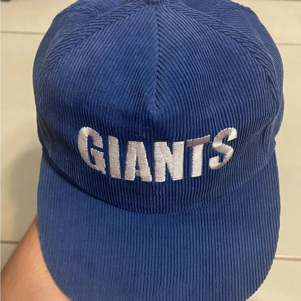 Vtg New York Giants Blue Courdoroy Spellout Script SnapBack Hat Cap